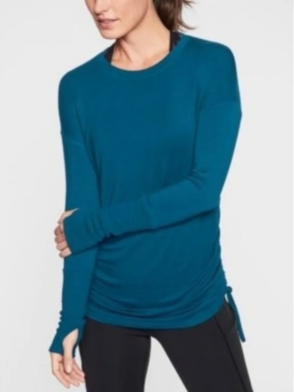 Athleta Drishti Ruched Sweatshirt in Coastal Teal Size Small